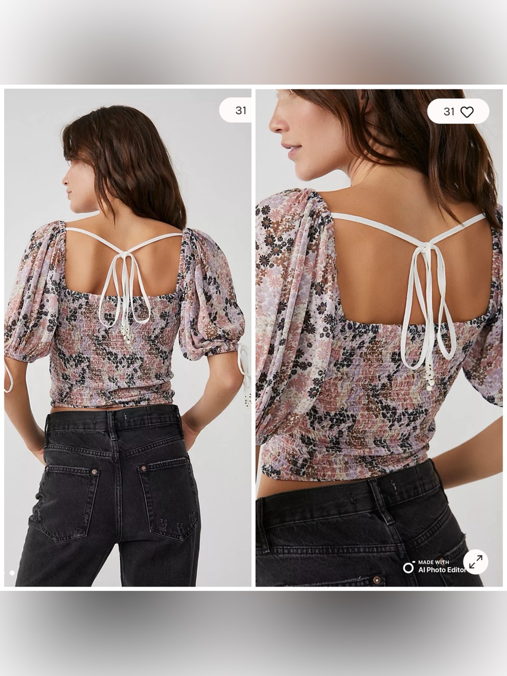 Free People NWT Back On Top Smocked Crop Top Soft Combo Floral Blouse XS S $98 - Picture 3 of 10